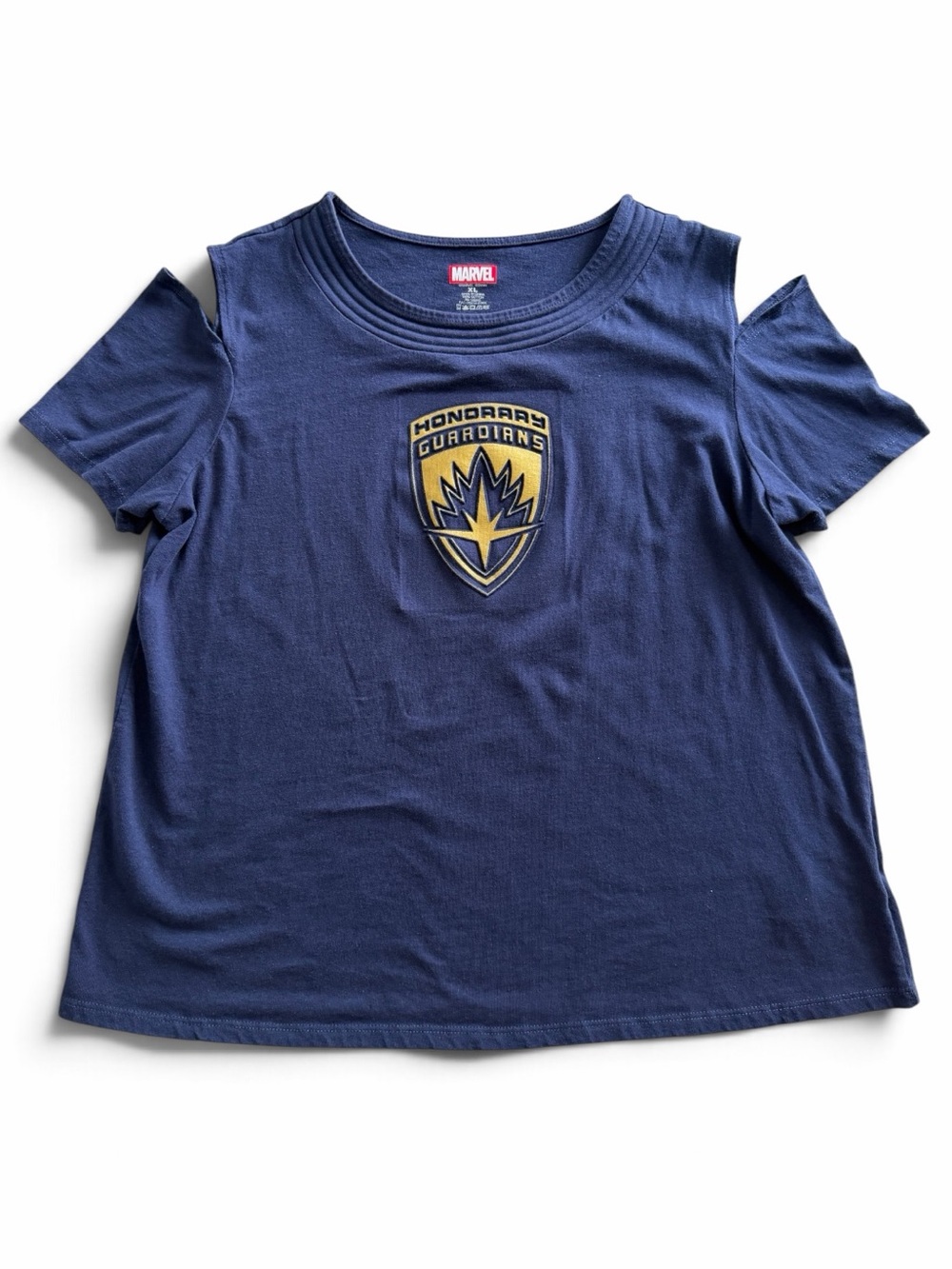 Marvel Navy Cold-Shoulder Tee with Honorary Guardians Emblem Sz. XL